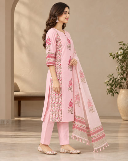 Women's Pink Cotton Hand Block Printed Kurti Pant Set with Kota Doria Dupatta | 3 Piece Ethnic Set