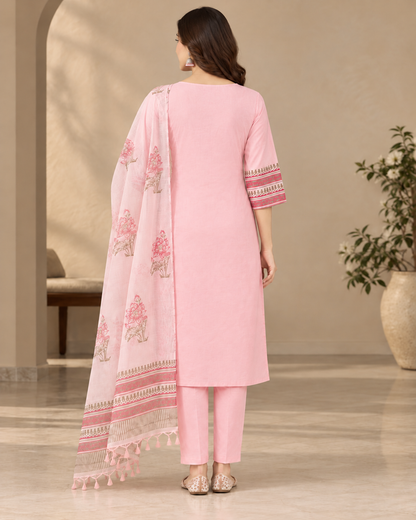 Women's Pink Cotton Hand Block Printed Kurti Pant Set with Kota Doria Dupatta | 3 Piece Ethnic Set
