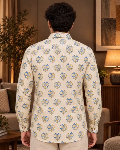 Men’s 100% Cotton Hand Block Printed Full Sleeve Shirt | Beige Blue Mustard Casual Shirt