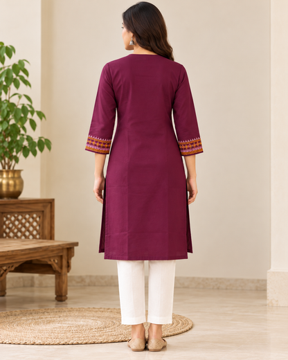Women's Wine Purple Embroidered Cotton Straight Kurti | 3/4 Sleeve Ethnic Kurta
