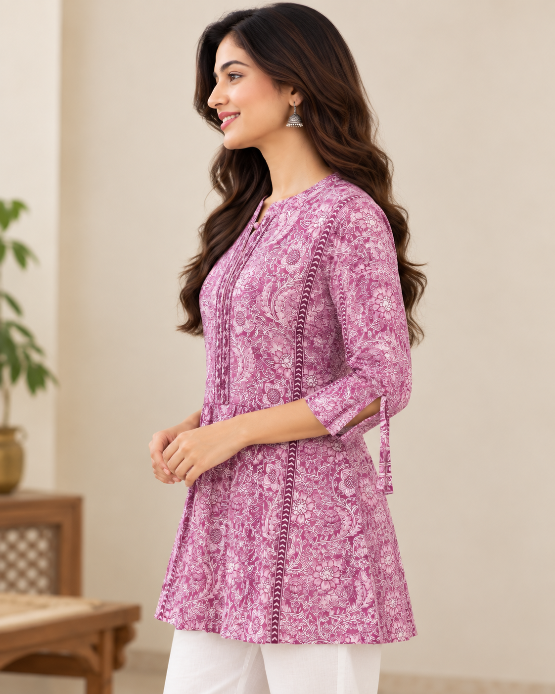 Women's Pink Floral Printed Cotton Short Kurti | Flared Fit 3/4 Sleeve Ethnic Tunic Top