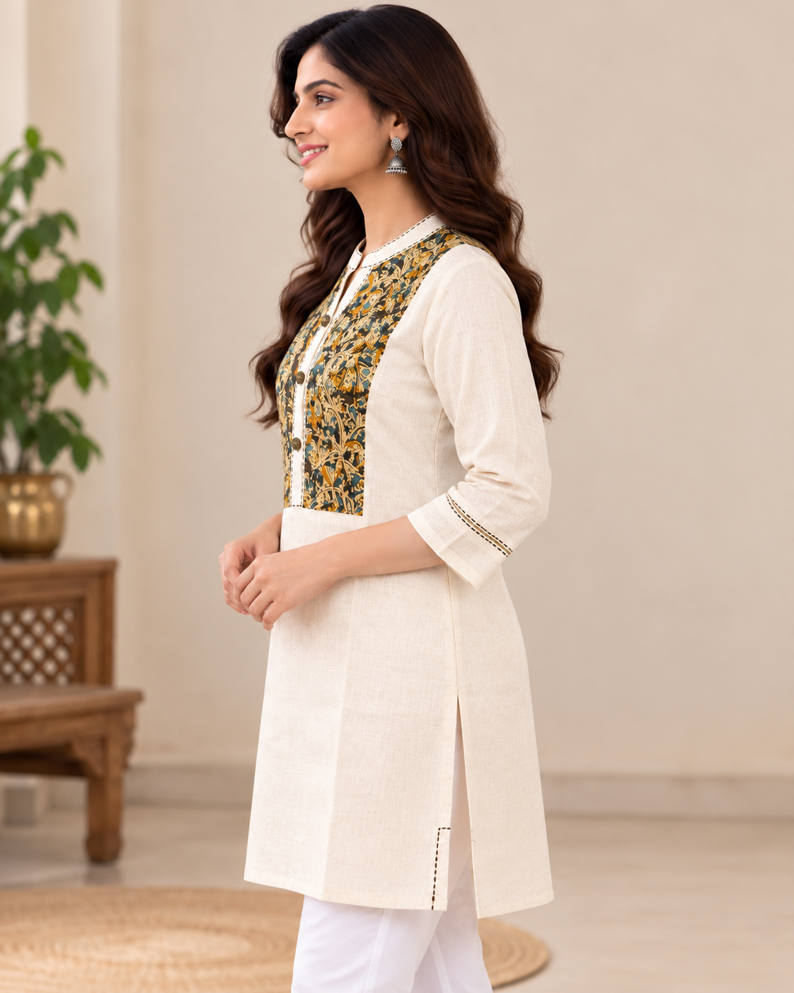 Women's Ivory Handloom Cotton Kalamkari Hand Block Printed Short Kurti | 3/4 Sleeve Ethnic Top