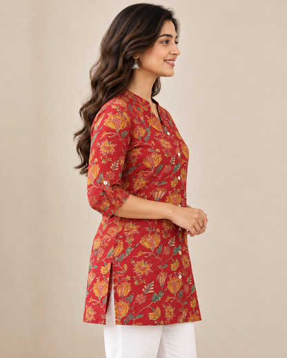Women's Red Floral Printed Cotton Short Kurti | Button-Down 3/4 Sleeve Ethnic Tunic
