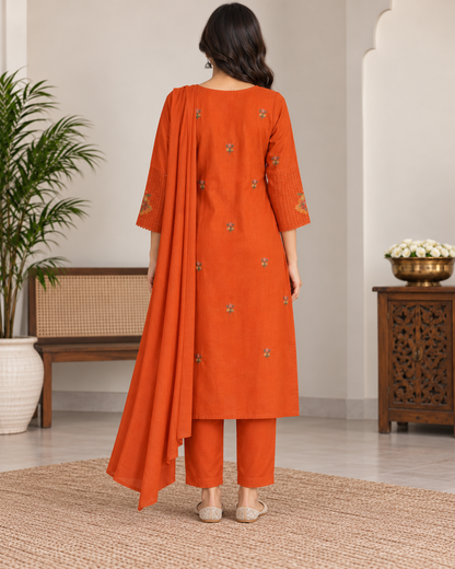 Women’s Rust Orange Mal Cotton Embroidered Kurti Pant Set with Matching Dupatta | 3 Piece Ethnic Set