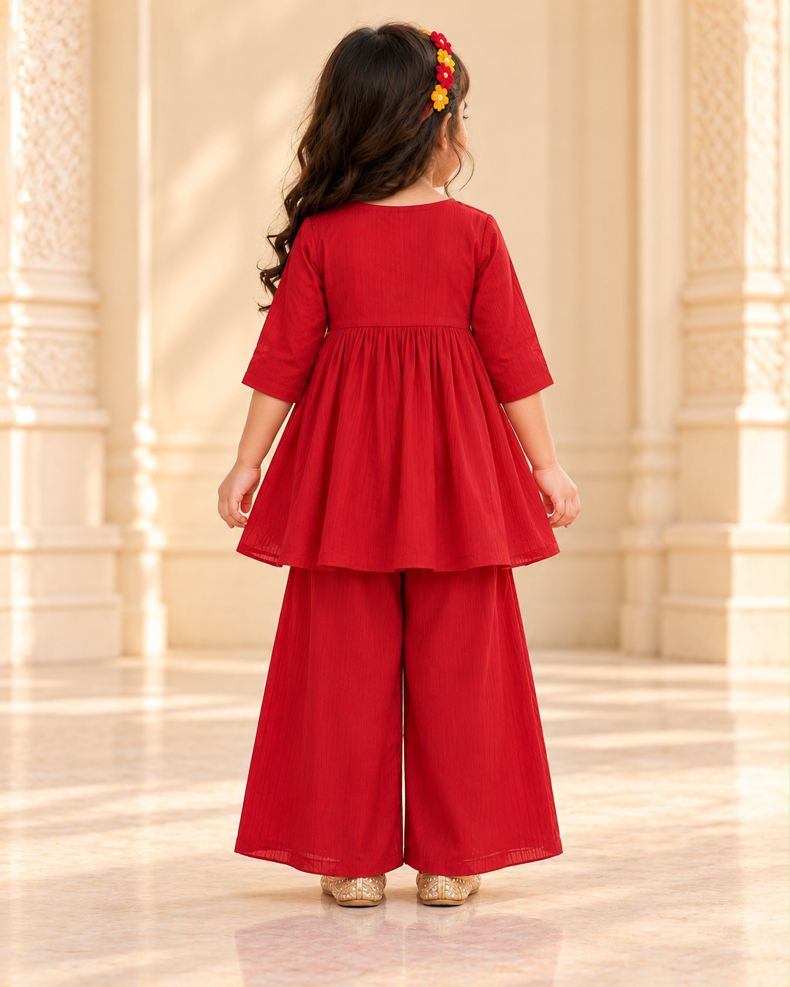 Girls Red Floral Embroidered Flared Kurti Palazzo Set with Tassel Detail | Festive Ethnic Wear