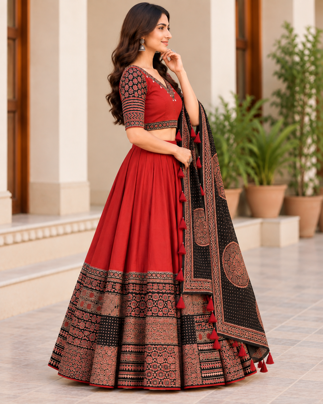 Women's Maroon Printed Cotton Lehenga Choli Set with Black Dupatta & Ethnic Border