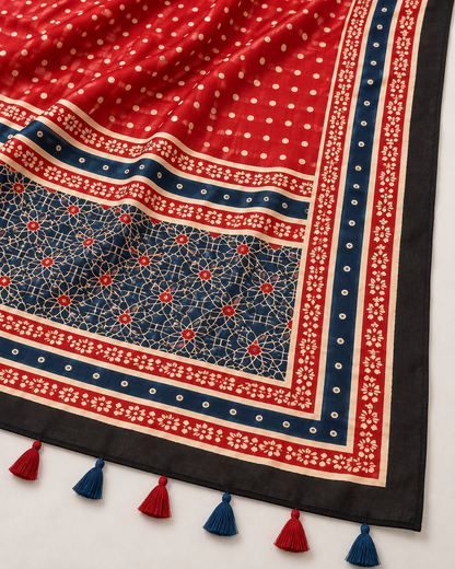 Women's Red & Navy Blue Ajrakh Inspired Printed Modal Silk Stole with Polka Dots, Geometric Border & Tassels