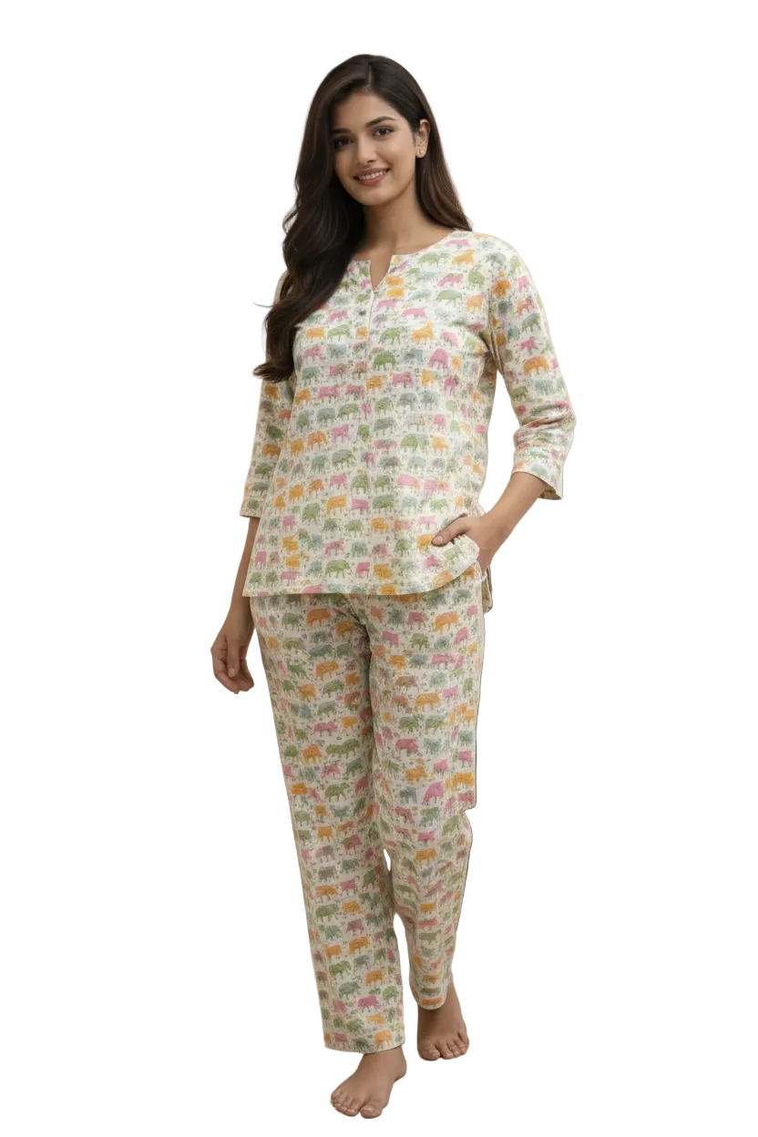 Women Cotton Night Suit Set – Soft Breathable Printed Sleepwear | Elephant Print Lounge Wear | Comfortable Nightwear for Daily Use | Natural Fab