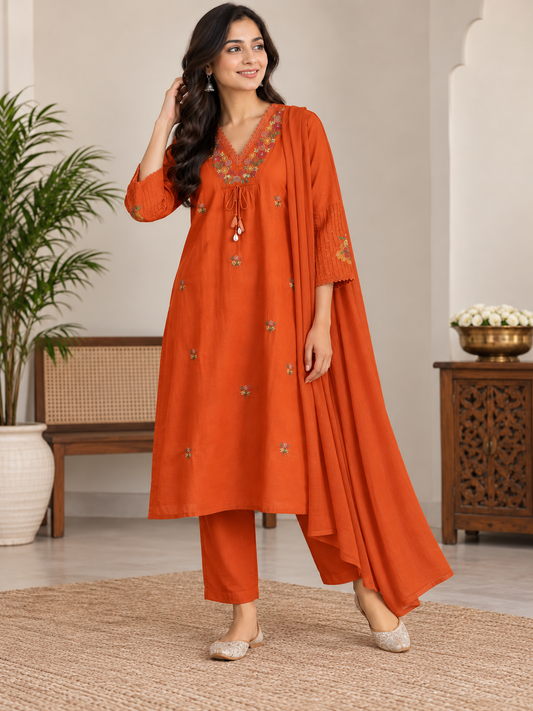 Women’s Rust Orange Mal Cotton Embroidered Kurti Pant Set with Matching Dupatta | 3 Piece Ethnic Set