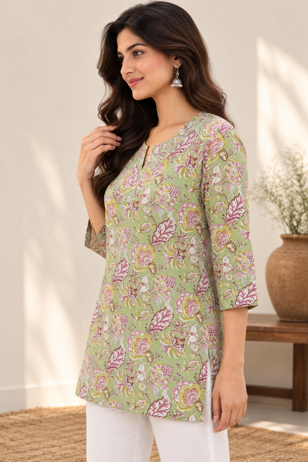 Women’s Green Floral Printed Short Kurti with 3/4 Sleeves | Casual Straight Kurti