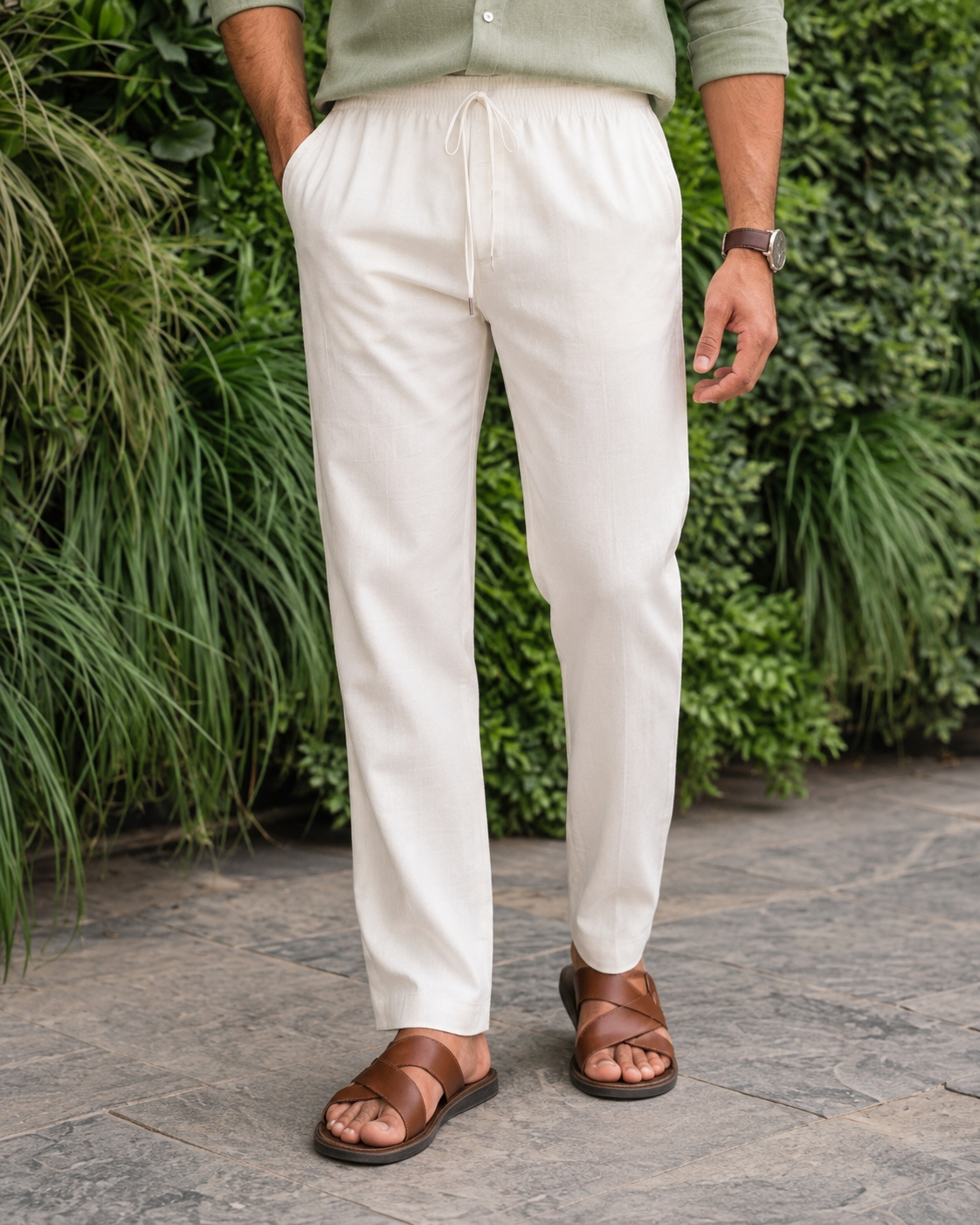 Men’s Cotton Linen Blend White Pants | Relaxed Fit Drawstring Casual Trousers with Pockets