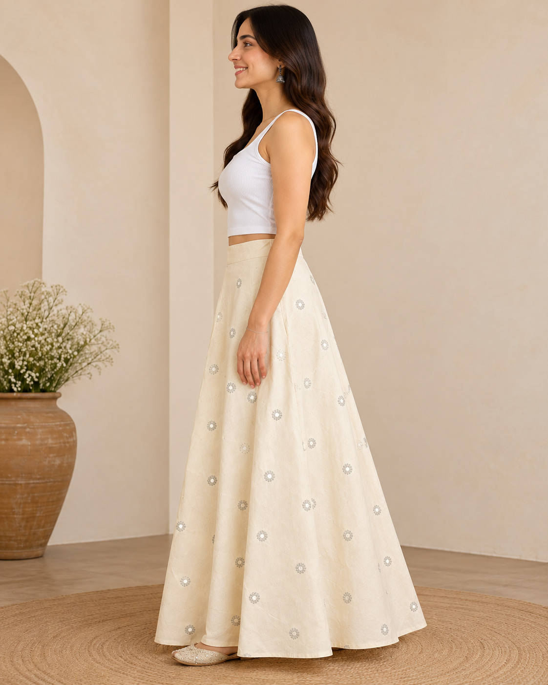 Women's Natural Handwoven Cotton Flared Maxi Skirt with Mirror Work | Ethnic Long Skirt