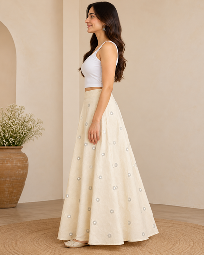 Women's Natural Handwoven Cotton Flared Maxi Skirt with Mirror Work | Ethnic Long Skirt