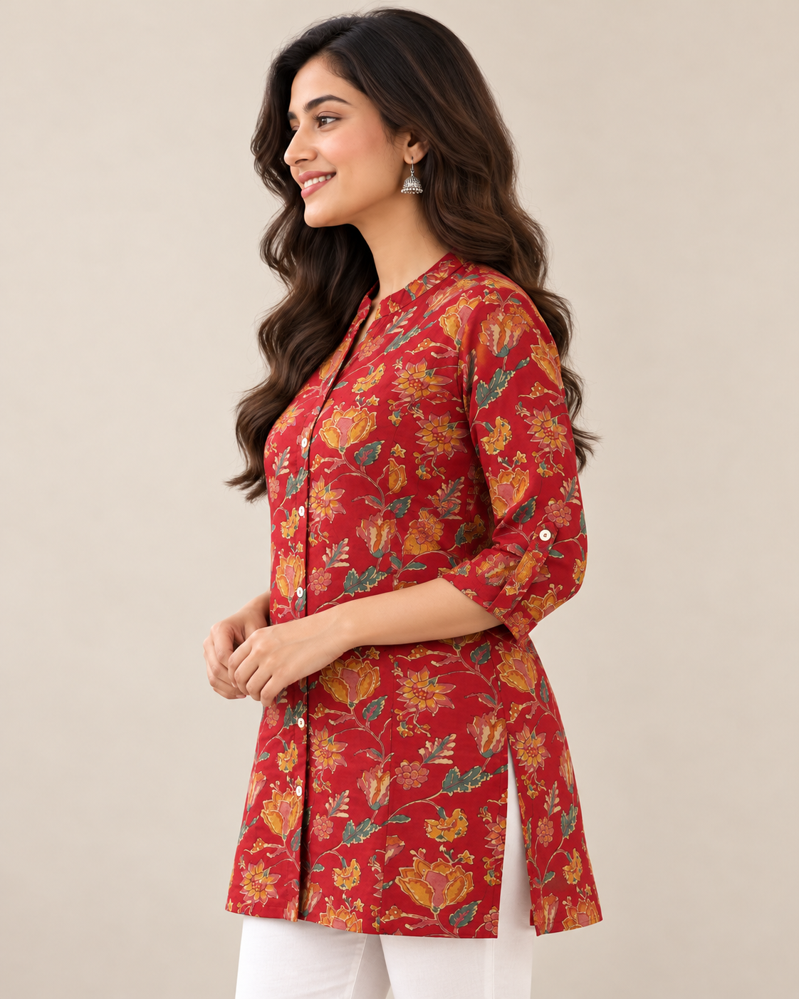 Women's Red Floral Printed Cotton Short Kurti | Button-Down 3/4 Sleeve Ethnic Tunic