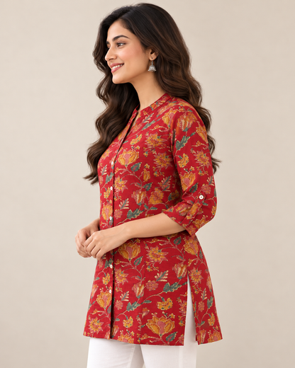 Women's Red Floral Printed Cotton Short Kurti | Button-Down 3/4 Sleeve Ethnic Tunic