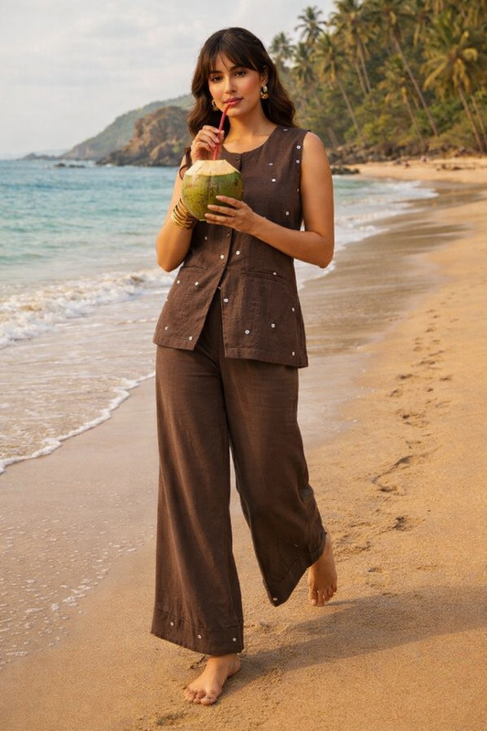 Women’s Brown Cotton Co-Ord Set with Sleeveless Buttoned Top & Wide Leg Pants | Elegant Minimal Summer Outfit | Casual & Office Wear | Natural Fab