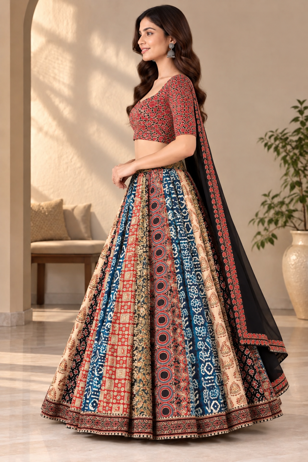 Women's Cotton Kalamkari Print Lehenga Choli Set with Dupatta | Multicolour Ethnic Wear