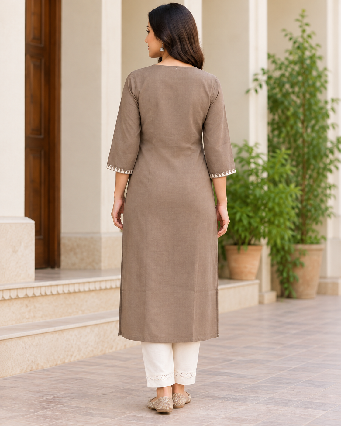 Women's Taupe Brown Embroidered Straight Kurti with Mirror Work, Notch Neck & 3/4 Sleeves