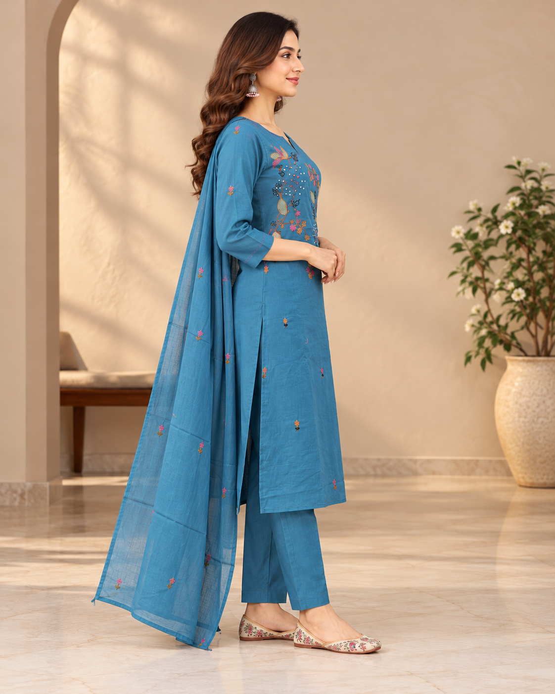 Women's Teal Blue Cotton Embroidered Kurti Pant Set with Dupatta | 3-Piece Ethnic Wear