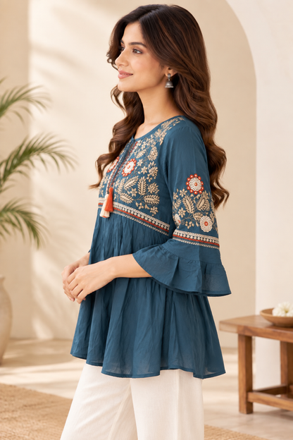 Natural Fab Women’s Blue Short Kurti Top | Everyday Ethnic Casual Wear for Women