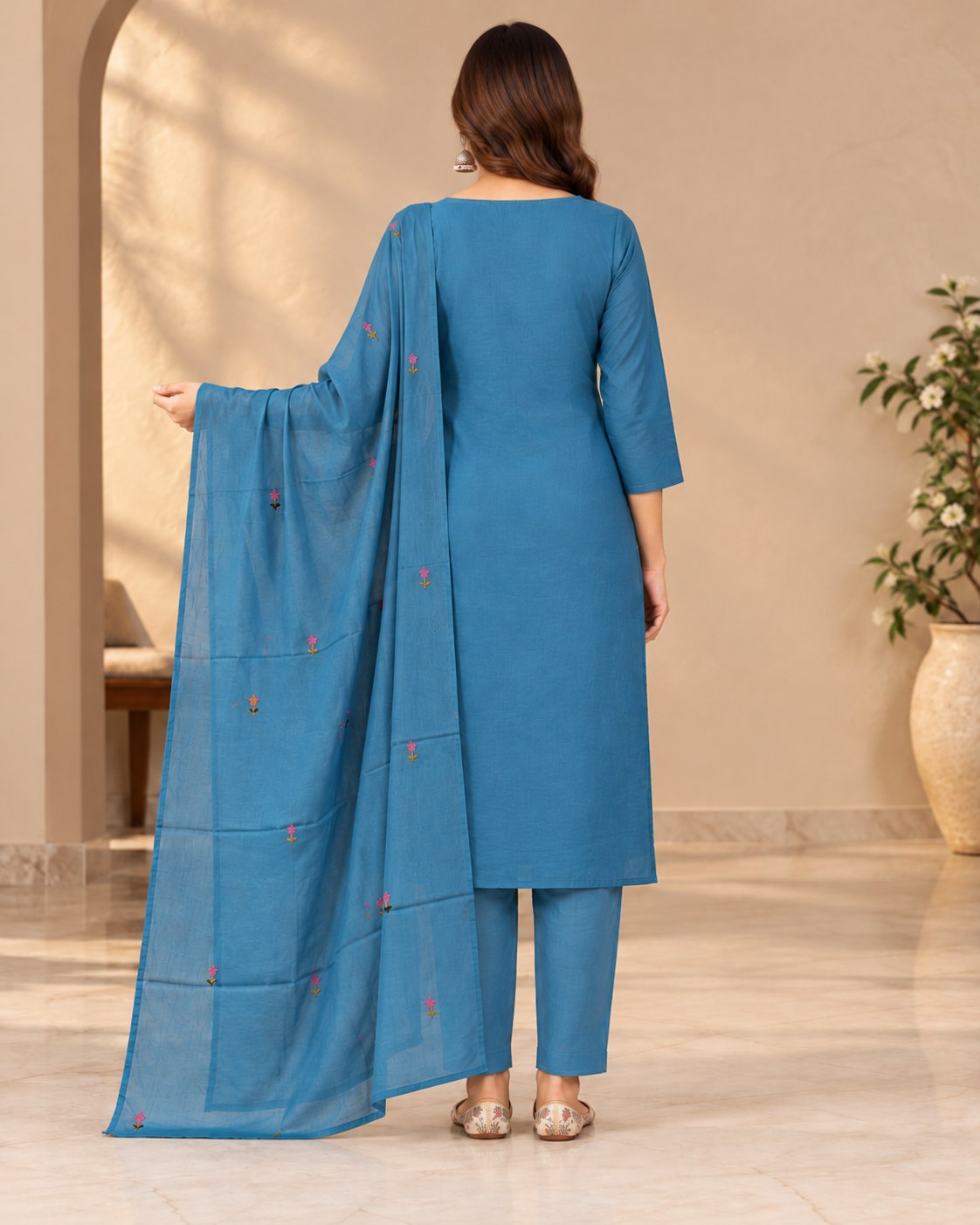 Women's Teal Blue Cotton Embroidered Kurti Pant Set with Dupatta | 3-Piece Ethnic Wear