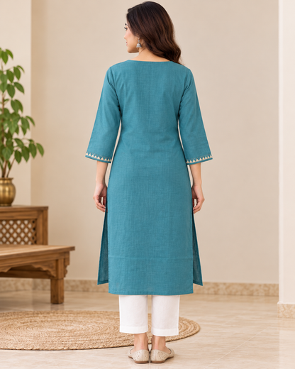 Women's Teal Blue Cotton Straight Kurti | Embroidered Yoke 3/4 Sleeve Ethnic Kurta