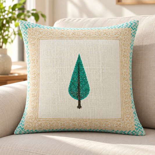 Hand Block Printed Jute Cushion Cover – Natural Beige with Teal Green Leaf Motif & Decorative Geometric Border | 16 x 16 Inches