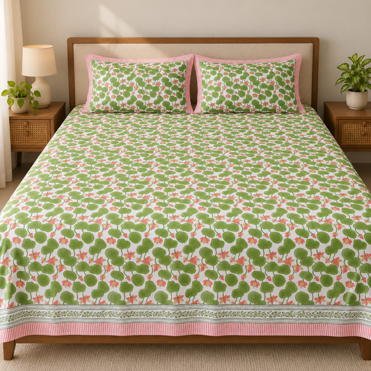 Hand Block Printed Cotton King Size Bedsheet – White with Green Leaf & Pink Floral Print | 108 x 108 Inches