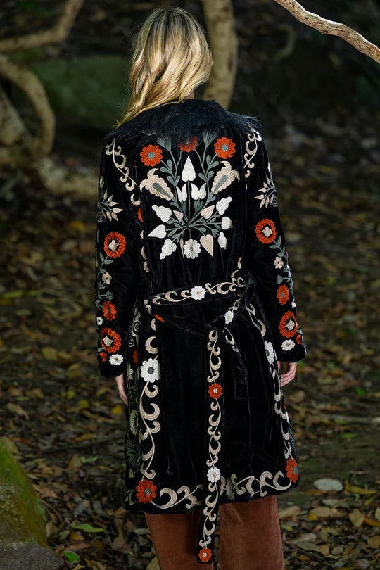 Velvet Flower Embroidered Coat in Rich Black