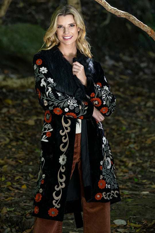 Velvet Flower Embroidered Coat in Rich Black