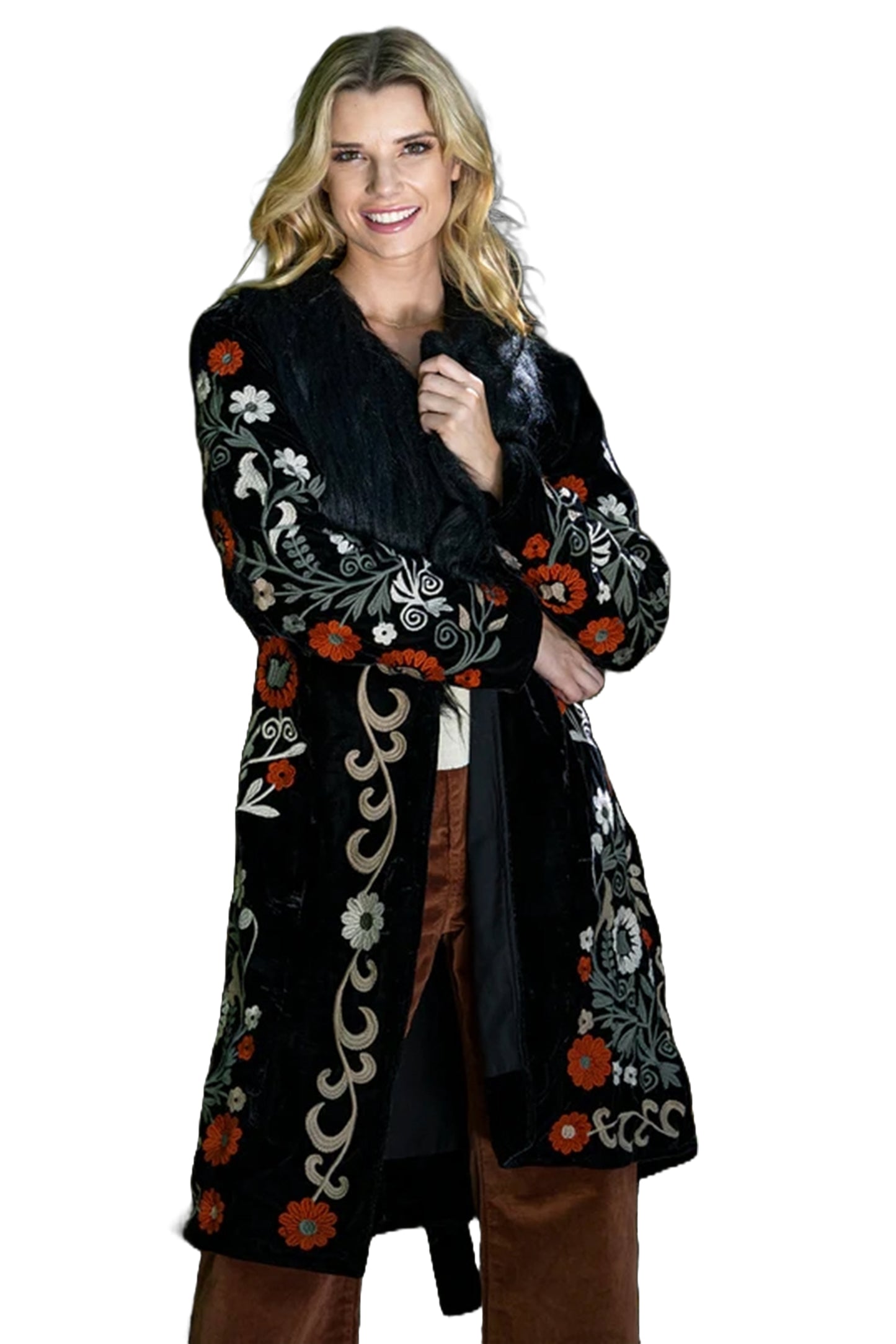 Velvet Flower Embroidered Coat in Rich Black