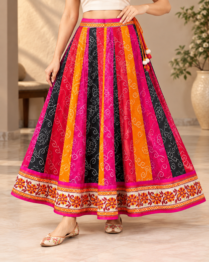 Women's Cotton Bandhani Printed Long Flared Skirt with Multicolour Panels | Ethnic Maxi Skirt