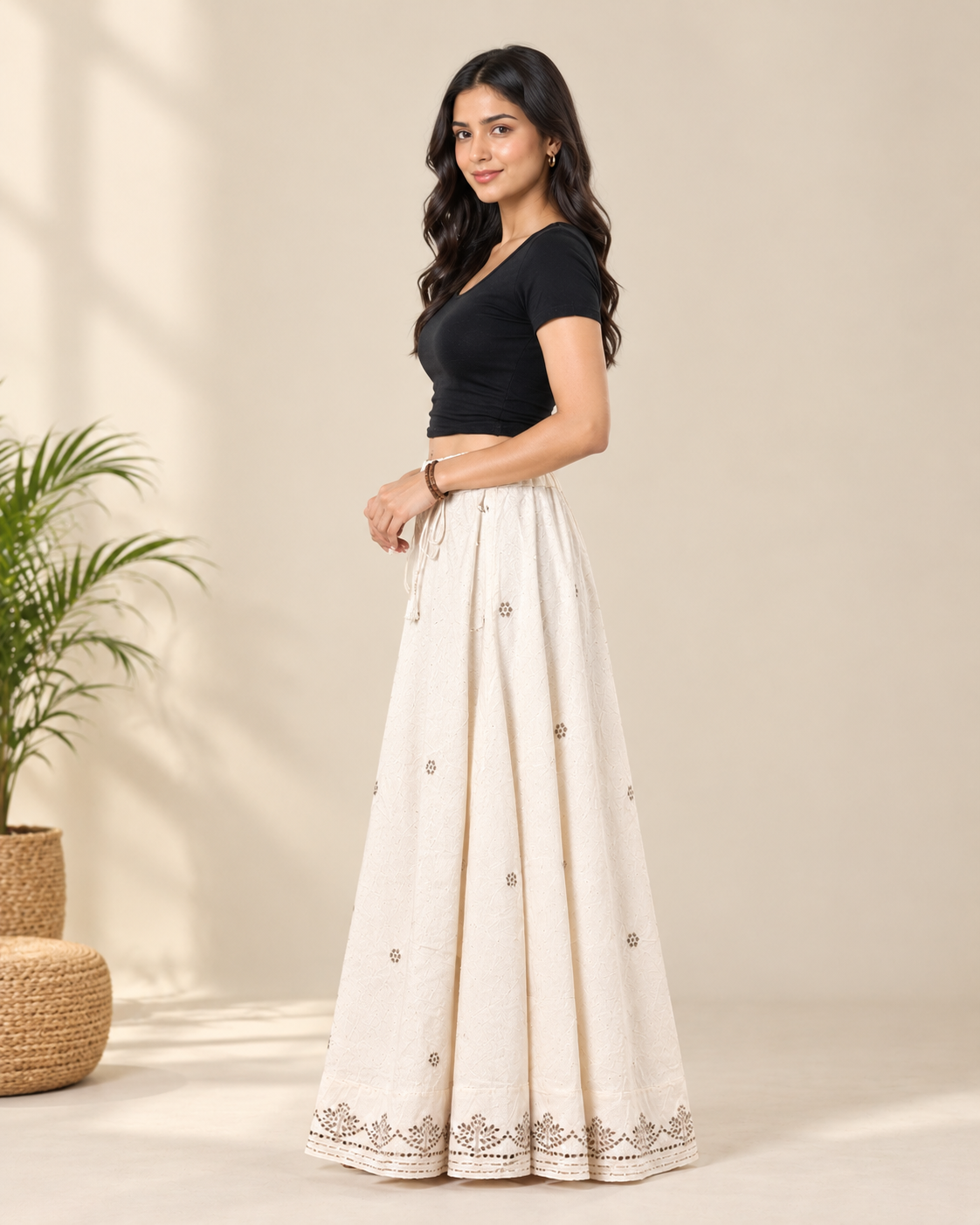 Women’s Cream Embroidered Gota Patti Work Long Flared Skirt