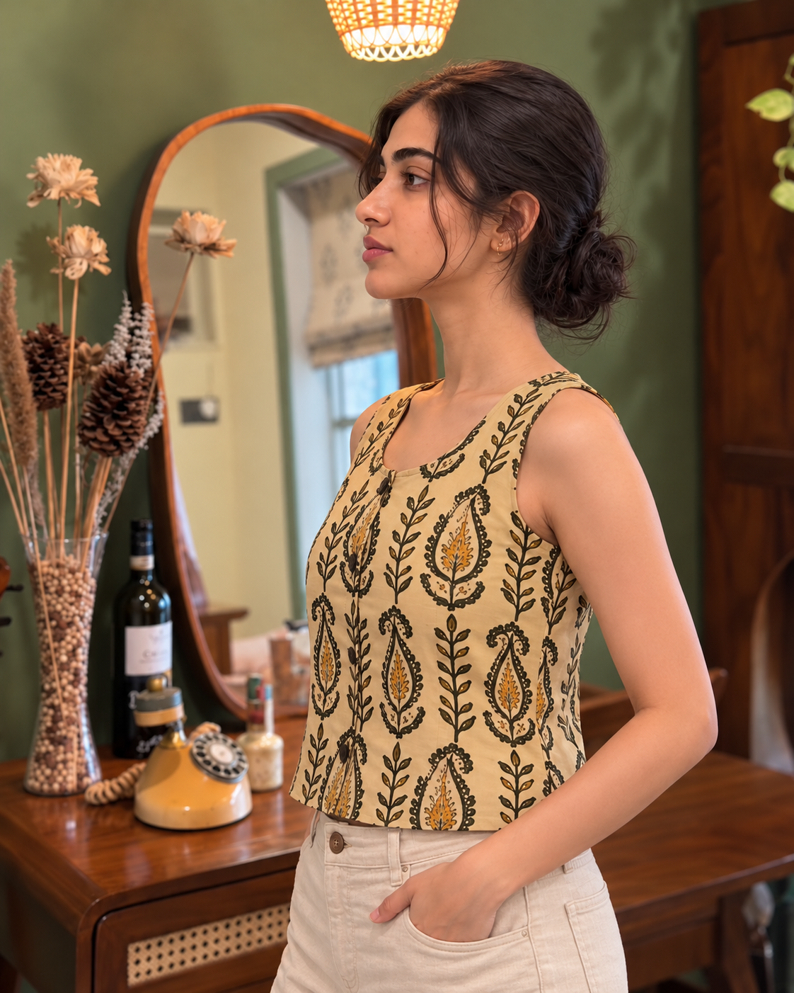 Natural Fab Women's Beige Hand Block Printed Cotton Crop Top | Sleeveless Ethnic Paisley Casual Top