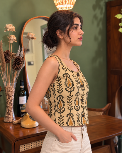 Natural Fab Women's Beige Hand Block Printed Cotton Crop Top | Sleeveless Ethnic Paisley Casual Top