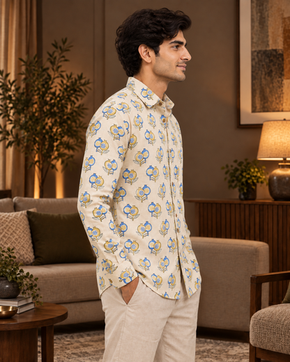 Men’s 100% Cotton Hand Block Printed Full Sleeve Shirt | Beige Blue Mustard Casual Shirt