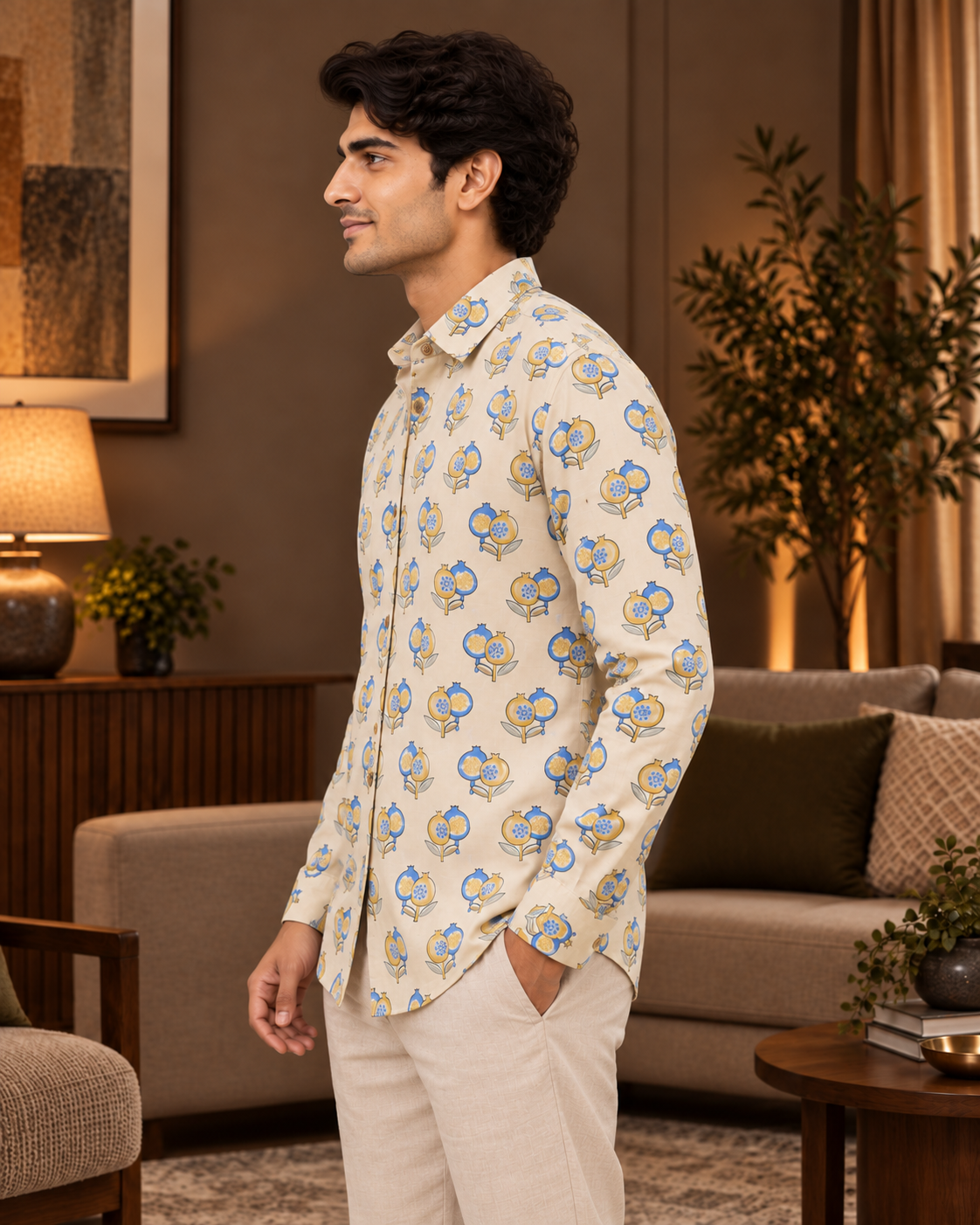 Men’s 100% Cotton Hand Block Printed Full Sleeve Shirt | Beige Blue Mustard Casual Shirt