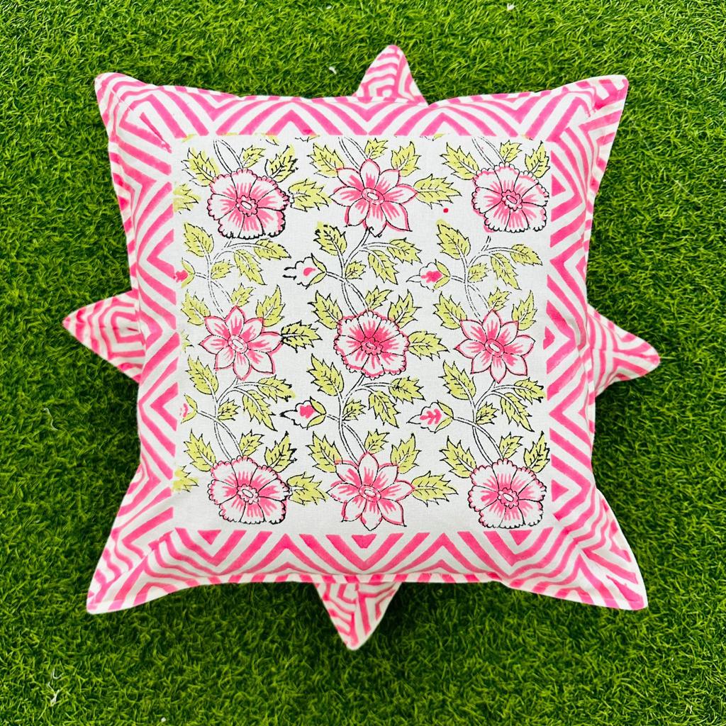 Hand Block Printed Pink Flower Cushion Covers - Set of 5