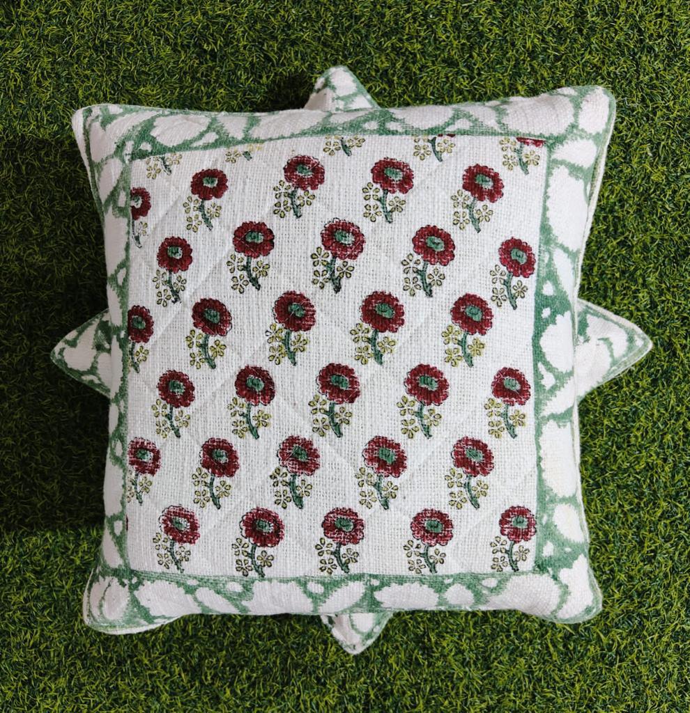Chic Blossoms: Red Floral Printed Quilted Jute Cushion Cover Set - Elegant Home Décor Accent