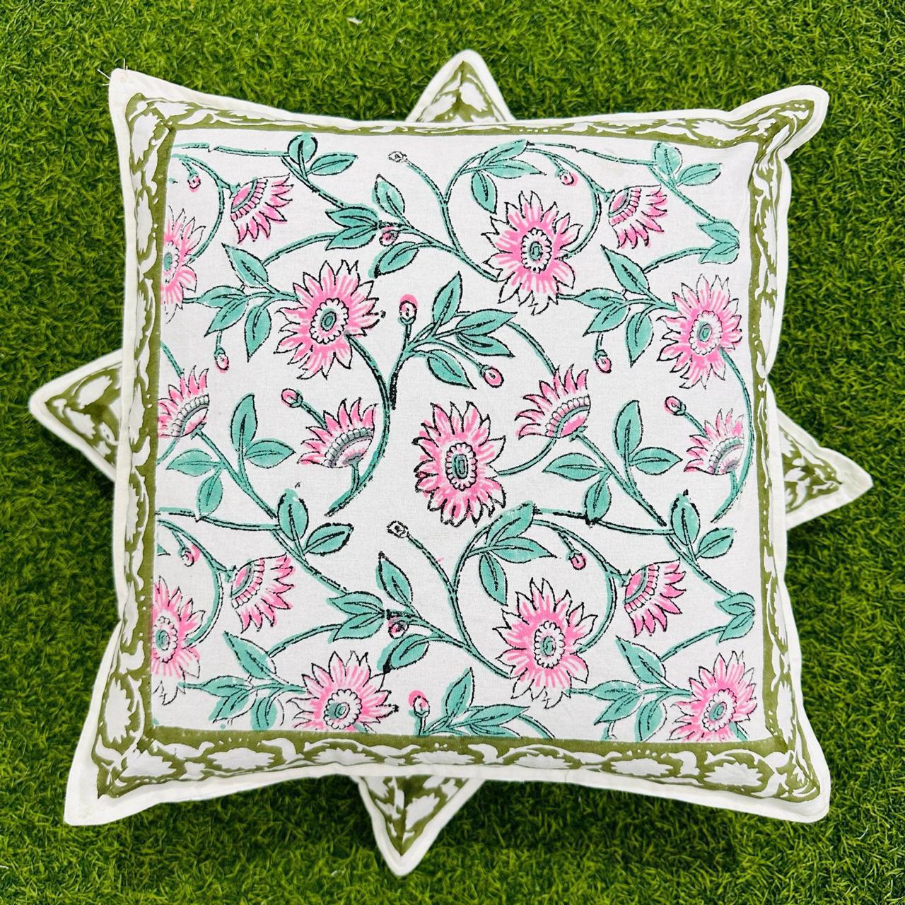 Set of 5 Floral Cushion Covers in White with Pink Flowers and Green Leaves(16"x16")