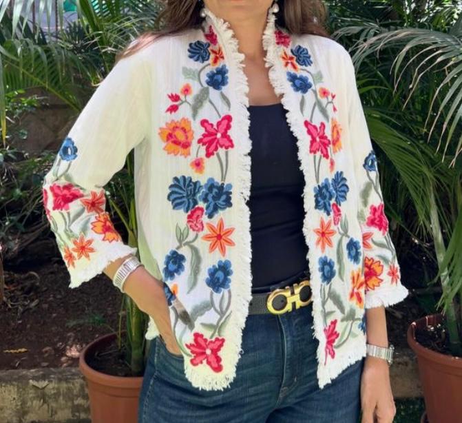 Jacket with Machine embroidery Flower Print