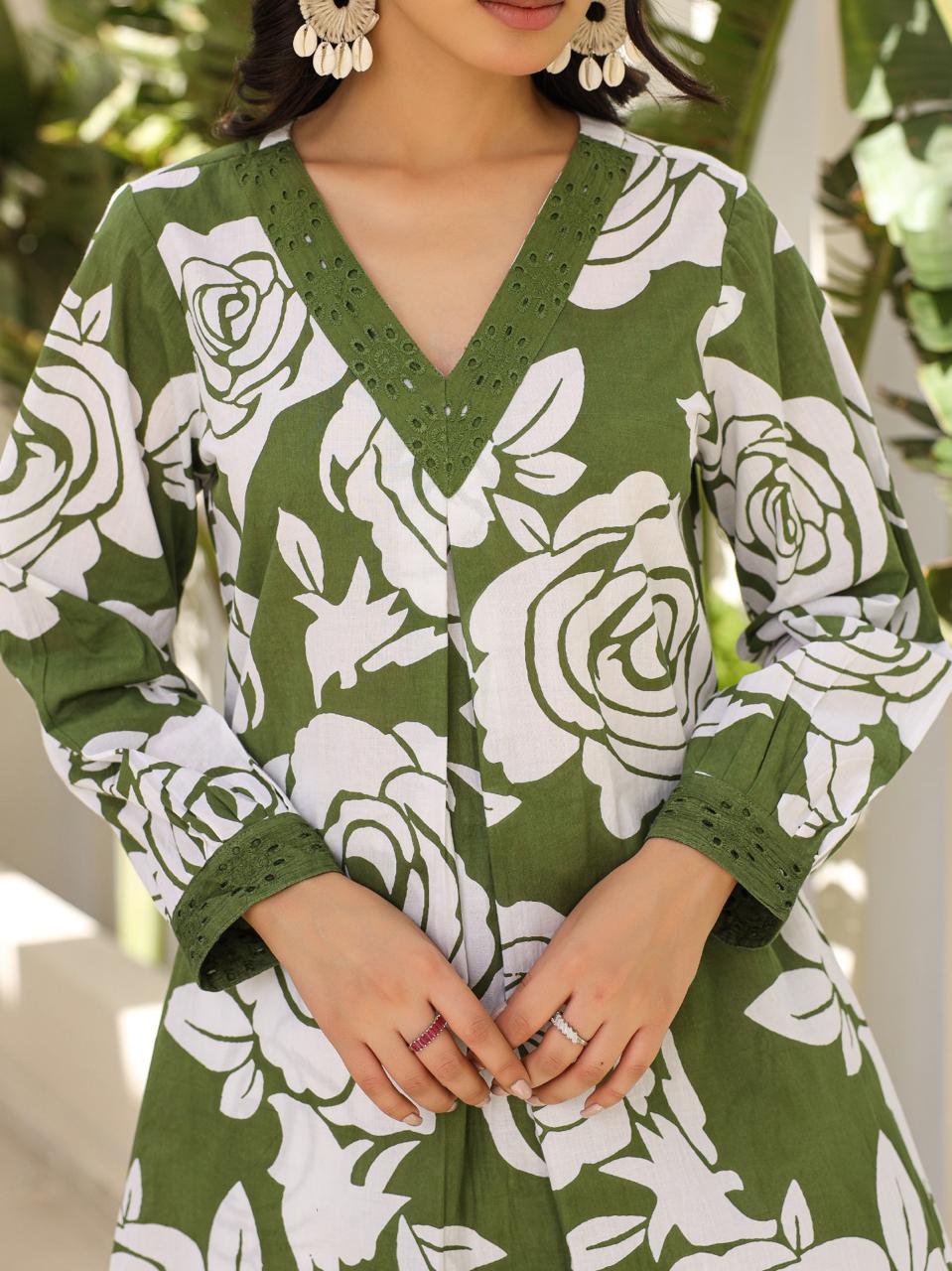 Spring Serenity: Green Co-ord Set with White Flower Print