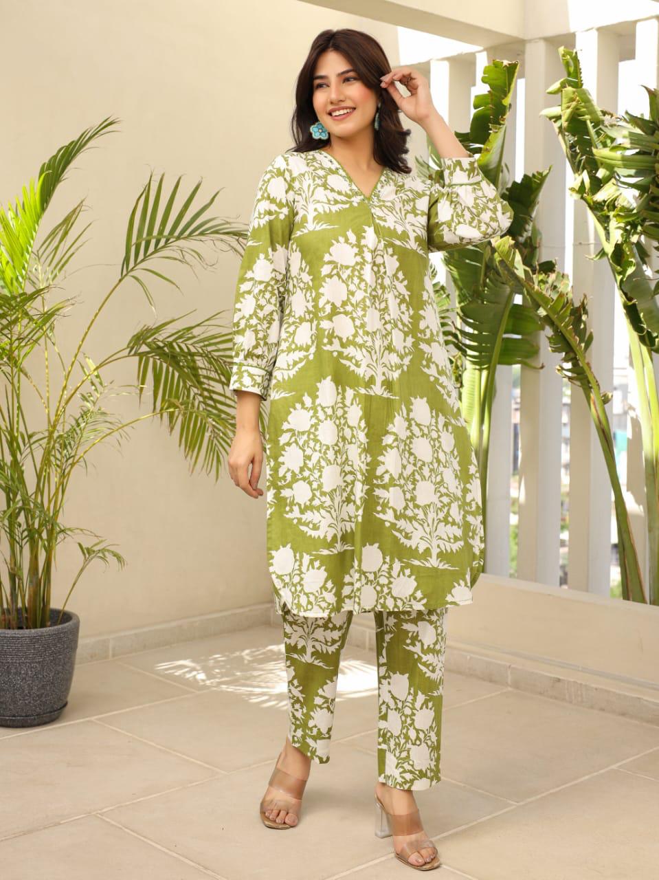 Refreshing Green Floral Kurti Set