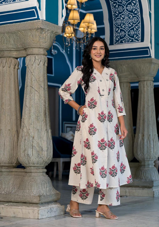 Cream Floral Kurti Set for women