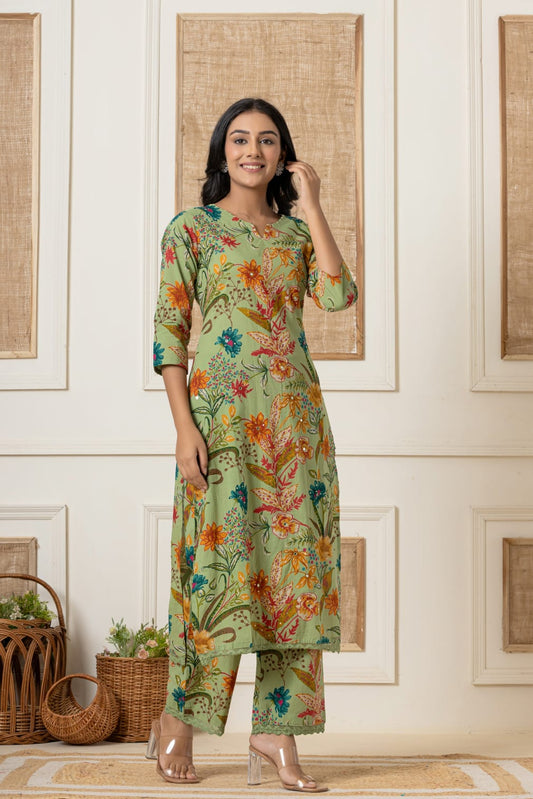 Green Floral Elegance Kurti Set