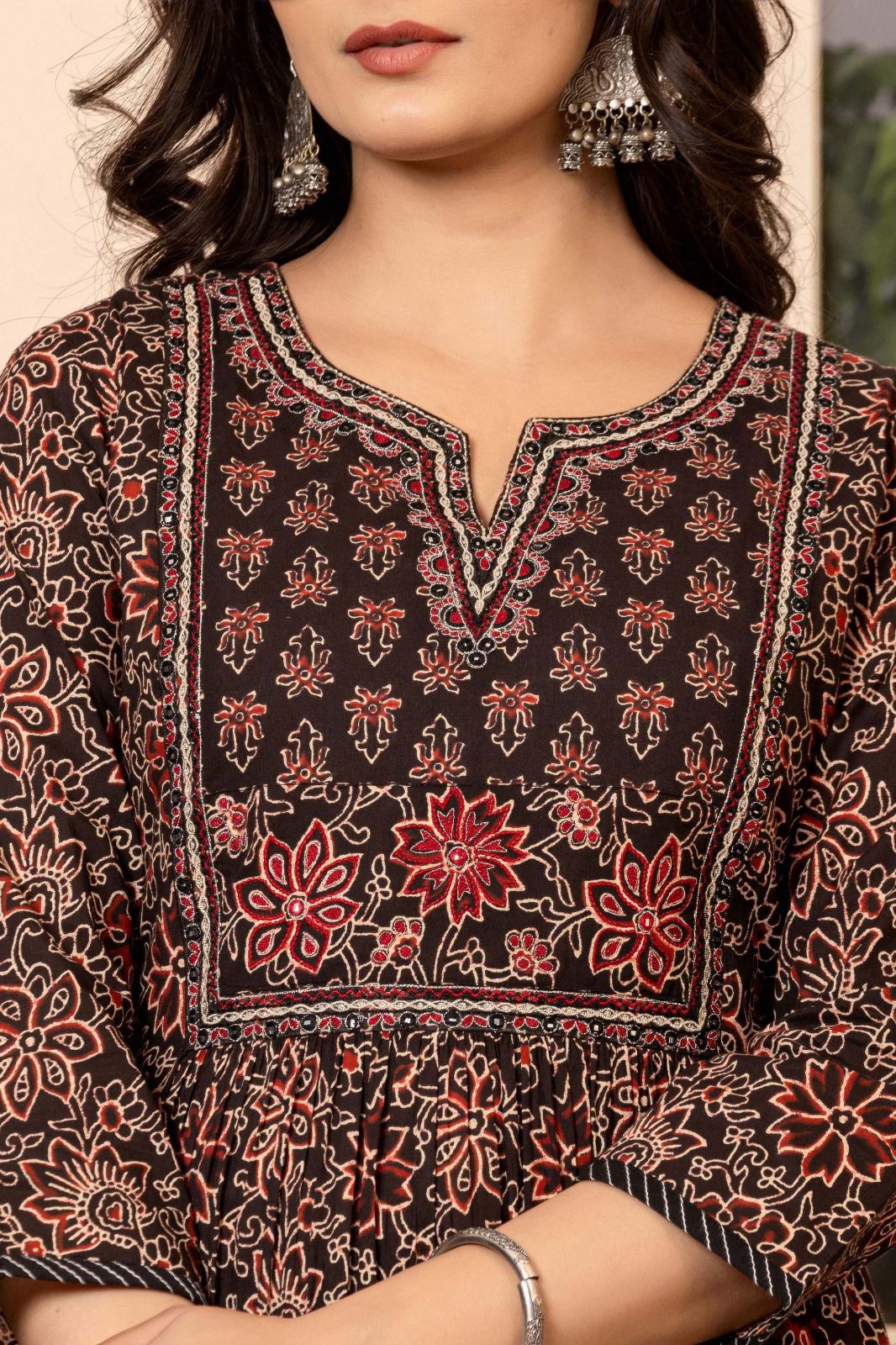 Black and Rust Printed Kurta Set with Dupatta for Women