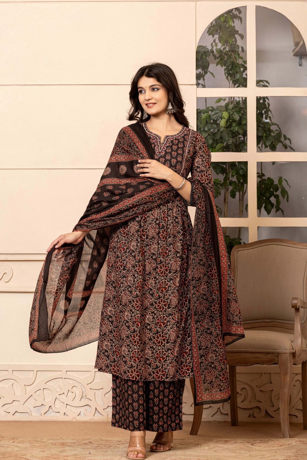 Black and Rust Printed Kurta Set with Dupatta for Women