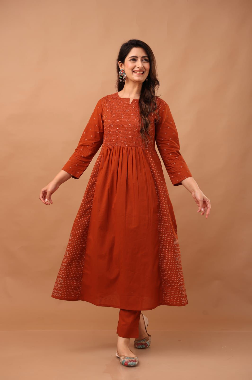 Rust Orange Embroidered Kurta Set with Dupatta for Women