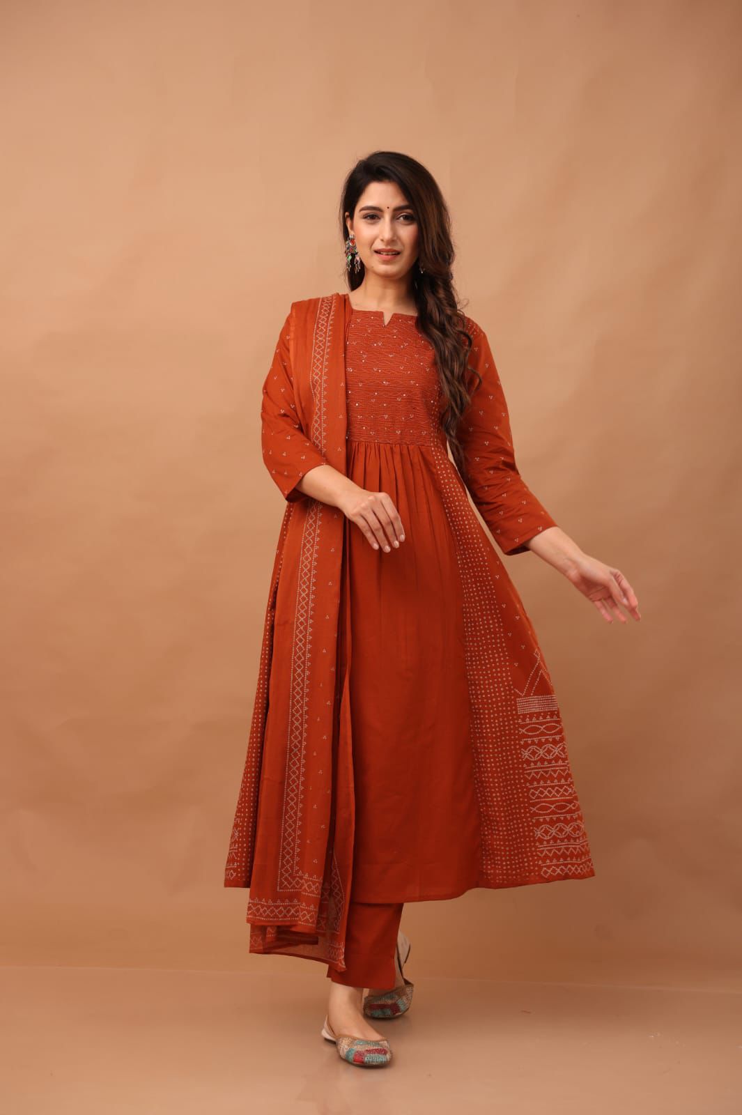 Rust Orange Embroidered Kurta Set with Dupatta for Women