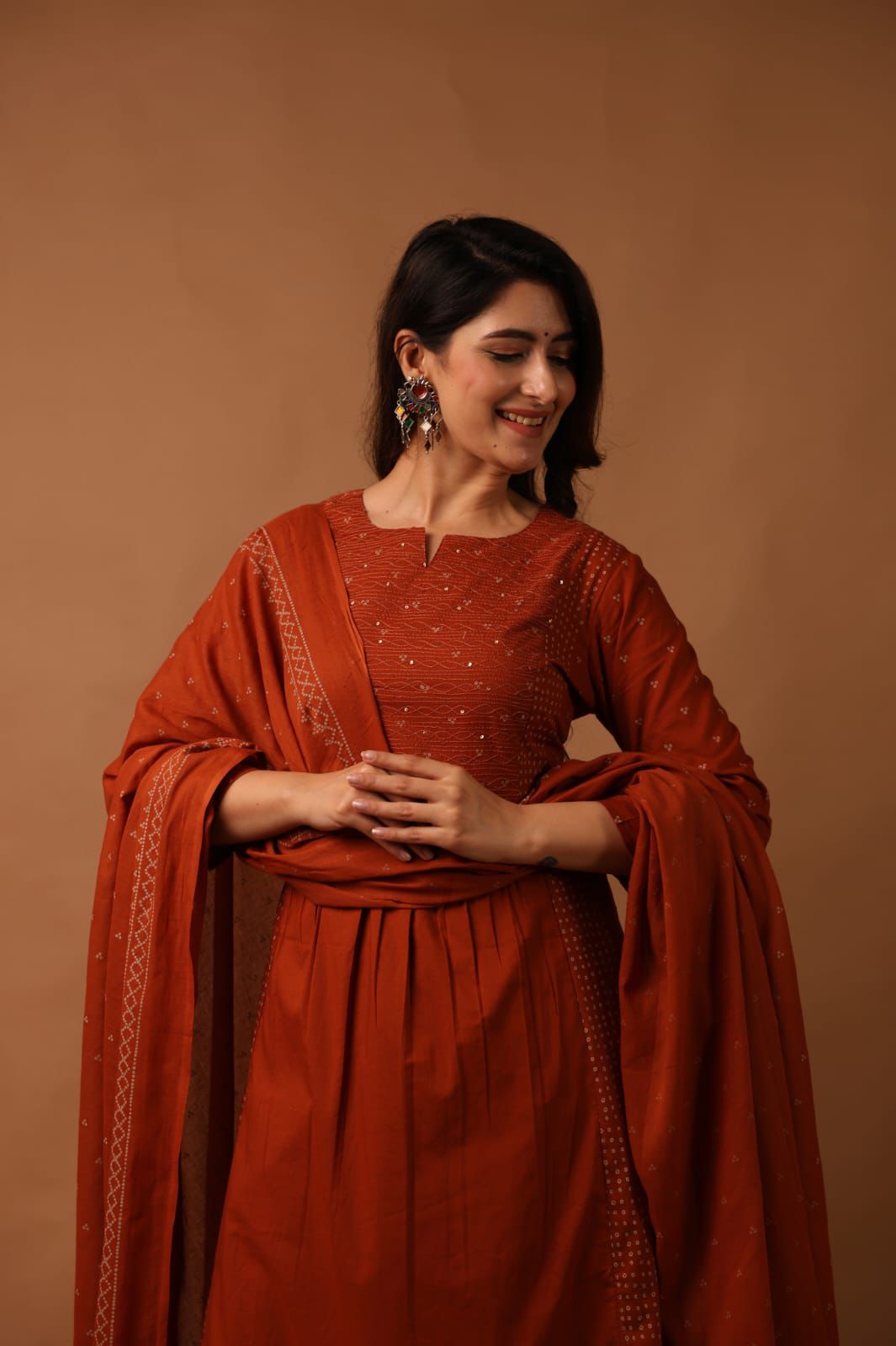 Rust Orange Embroidered Kurta Set with Dupatta for Women